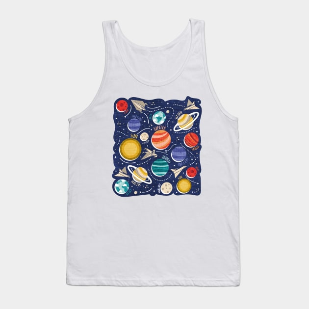 Paper space adventure I // illo // navy blue background multicoloured solar system paper cut planets origami paper spaceships and rockets Tank Top by SelmaCardoso